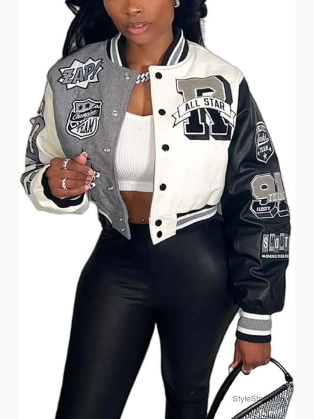 Cropped Varsity Jacket Colorblock Letter Print Button Down Bomber Coat with